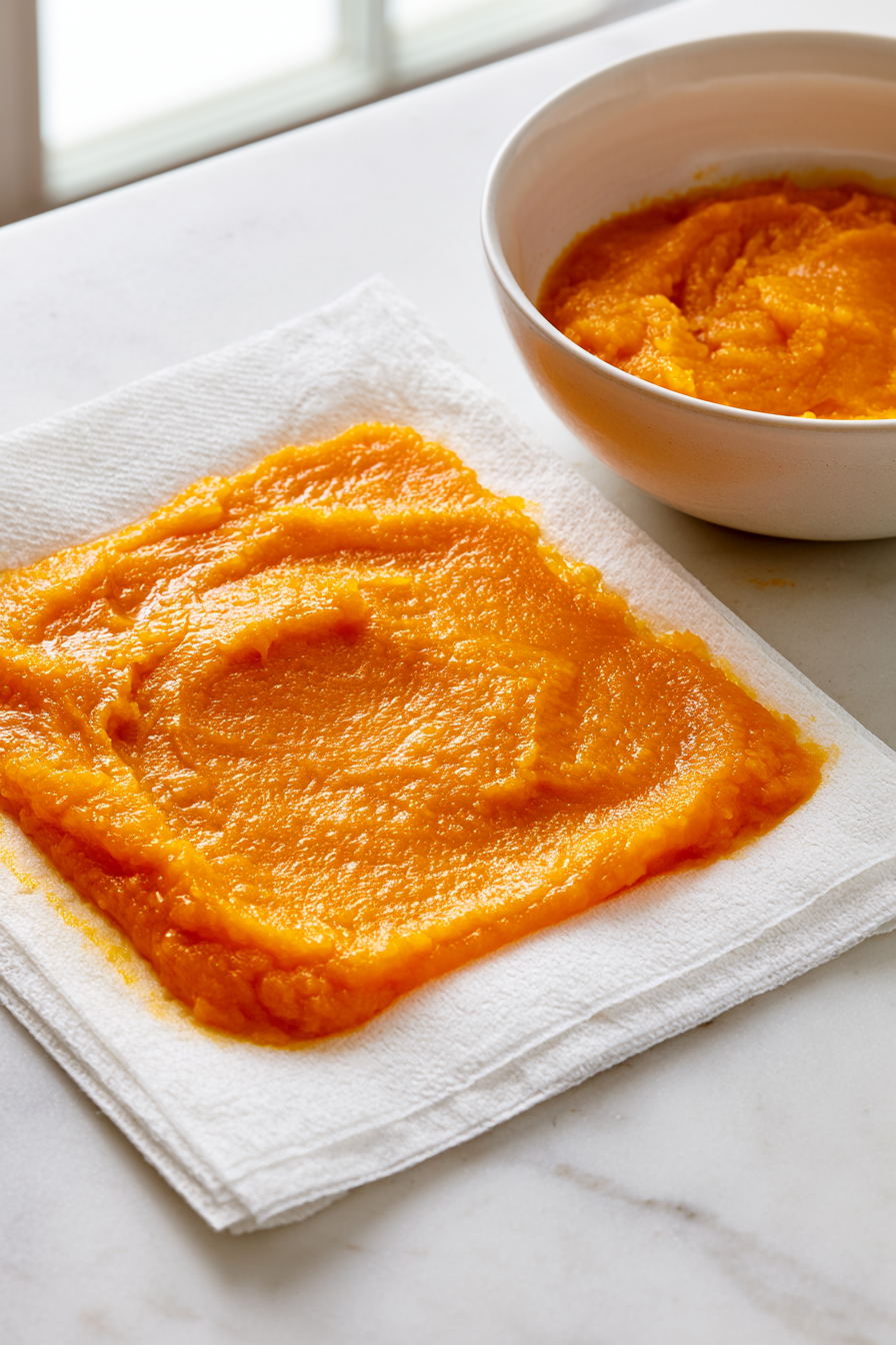 Place the pumpkin puree between layers of paper towels and gently press to remove excess moisture