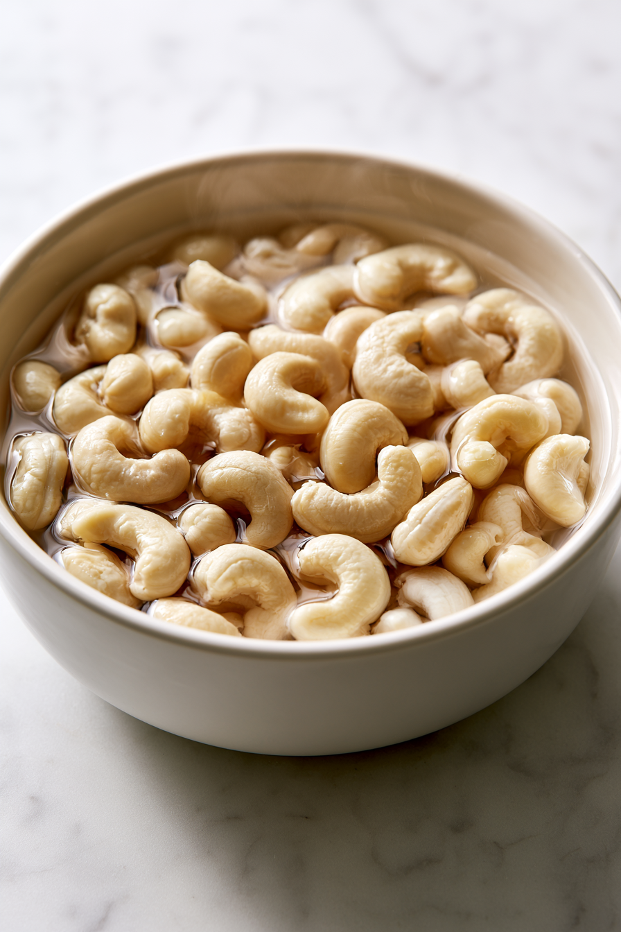 Place the raw cashews in a heatproof bowl and cover them with boiling water. Let them soak for about 10 minutes to soften
