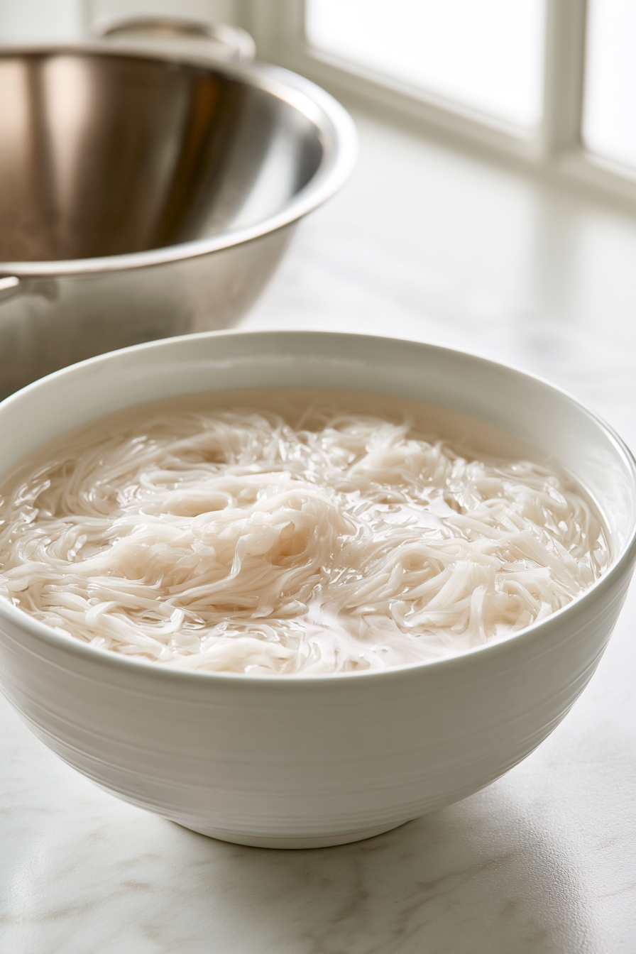 Place the rice noodles in a large bowl and cover them with warm water. Let them soak according to the package instructions until softened but still slightly firm