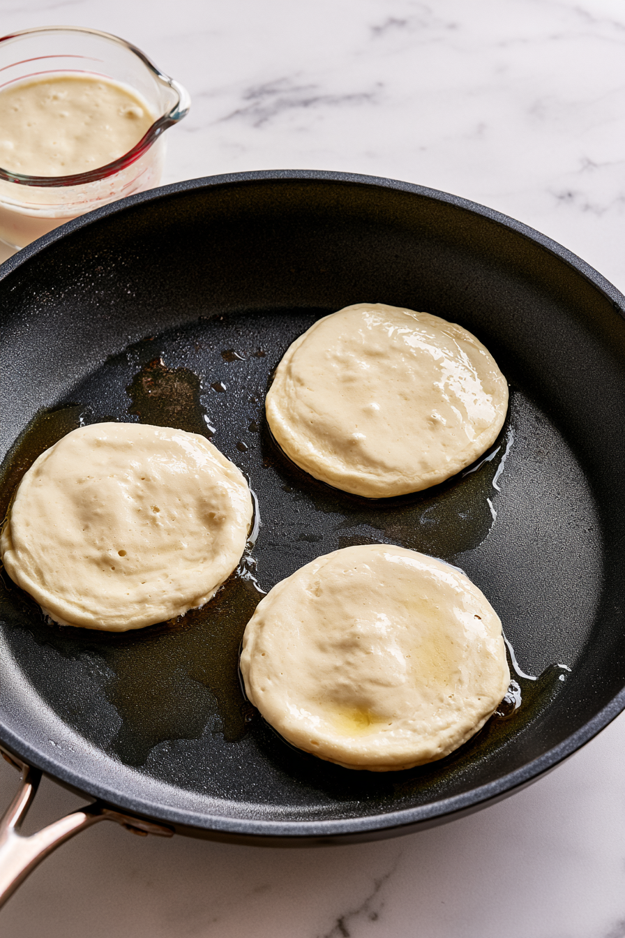 Pour about ¼ cup of batter onto the hot skillet for each pancake. Keep the pancakes fairly small