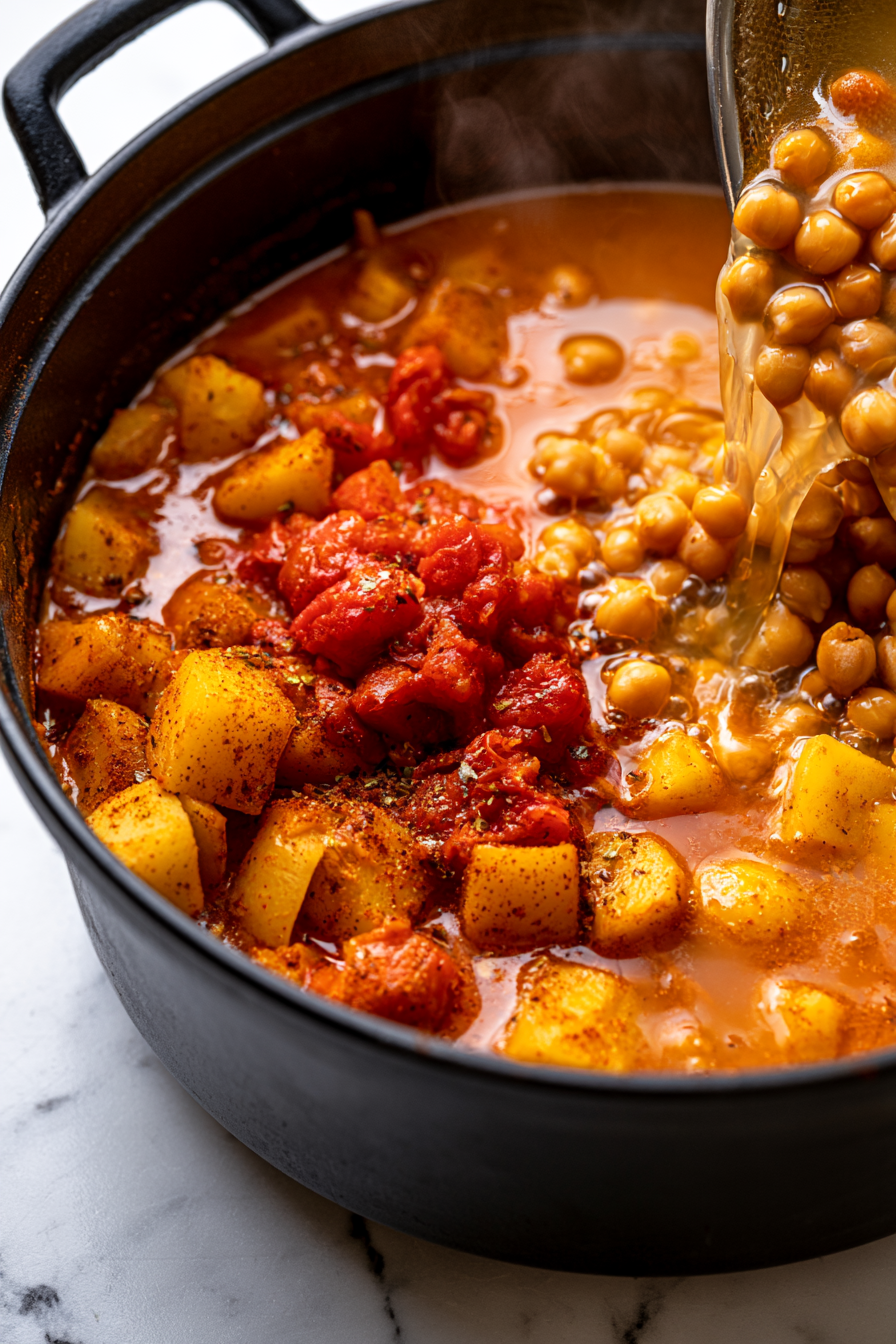 Pour in crushed tomatoes, vegetable broth, chickpeas, salt, and black pepper