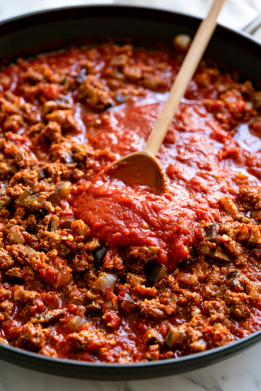 Pour in the marinara sauce and red pepper flakes, if using. Stir well and let the mixture simmer gently for 3–5 minutes