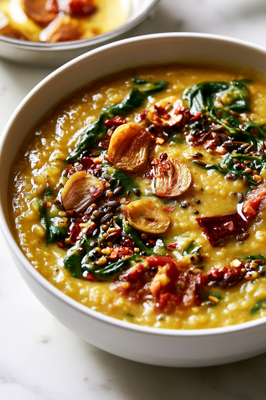 Pour the hot tempering over the dal and gently stir it through