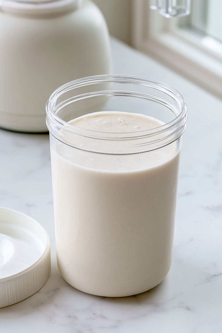 Pour the mixture into a Ninja Creami pint container, keeping it below the maximum fill line
