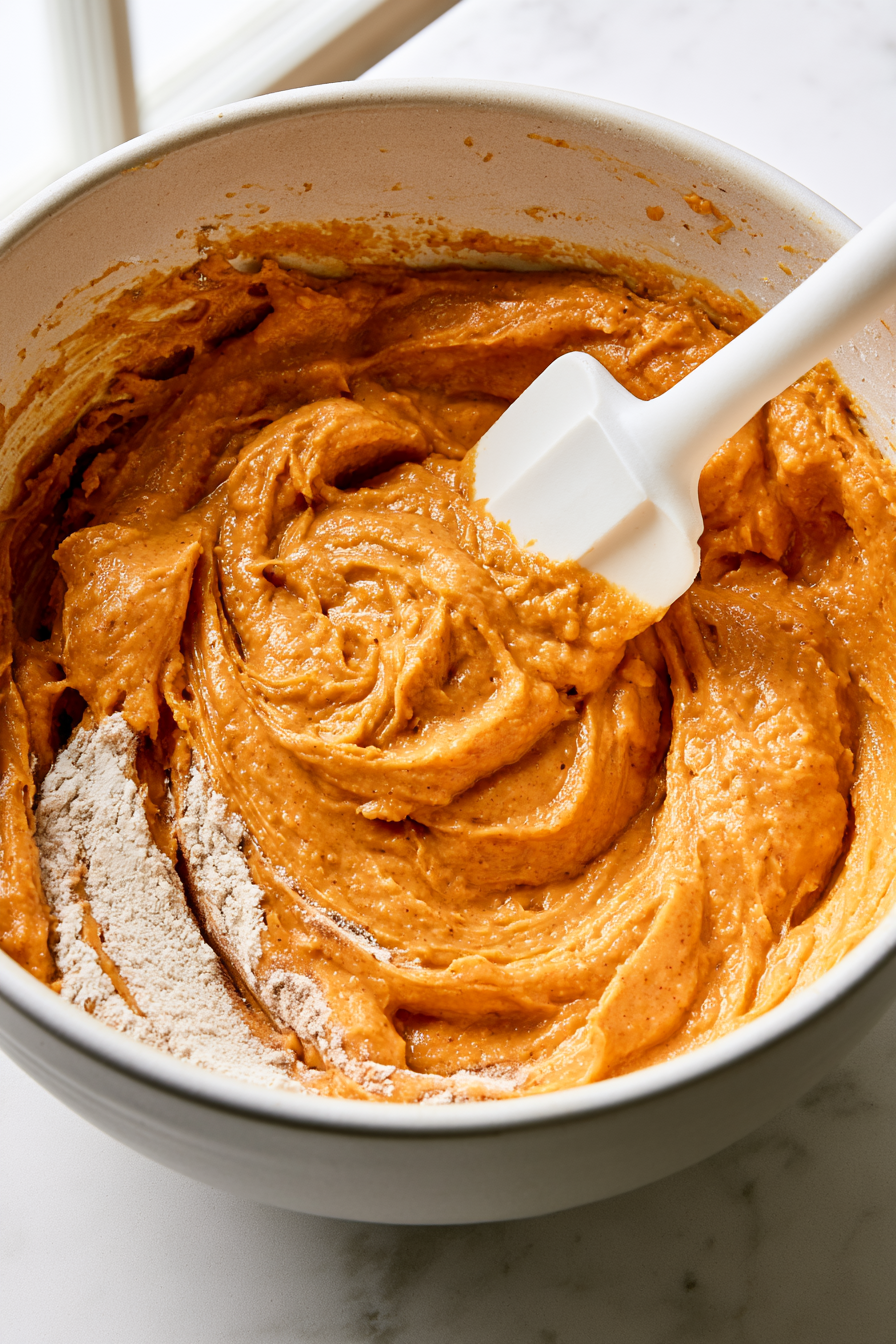 Pour the wet mixture into the dry ingredients. Using a rubber spatula, gently fold everything together just until no dry streaks remain