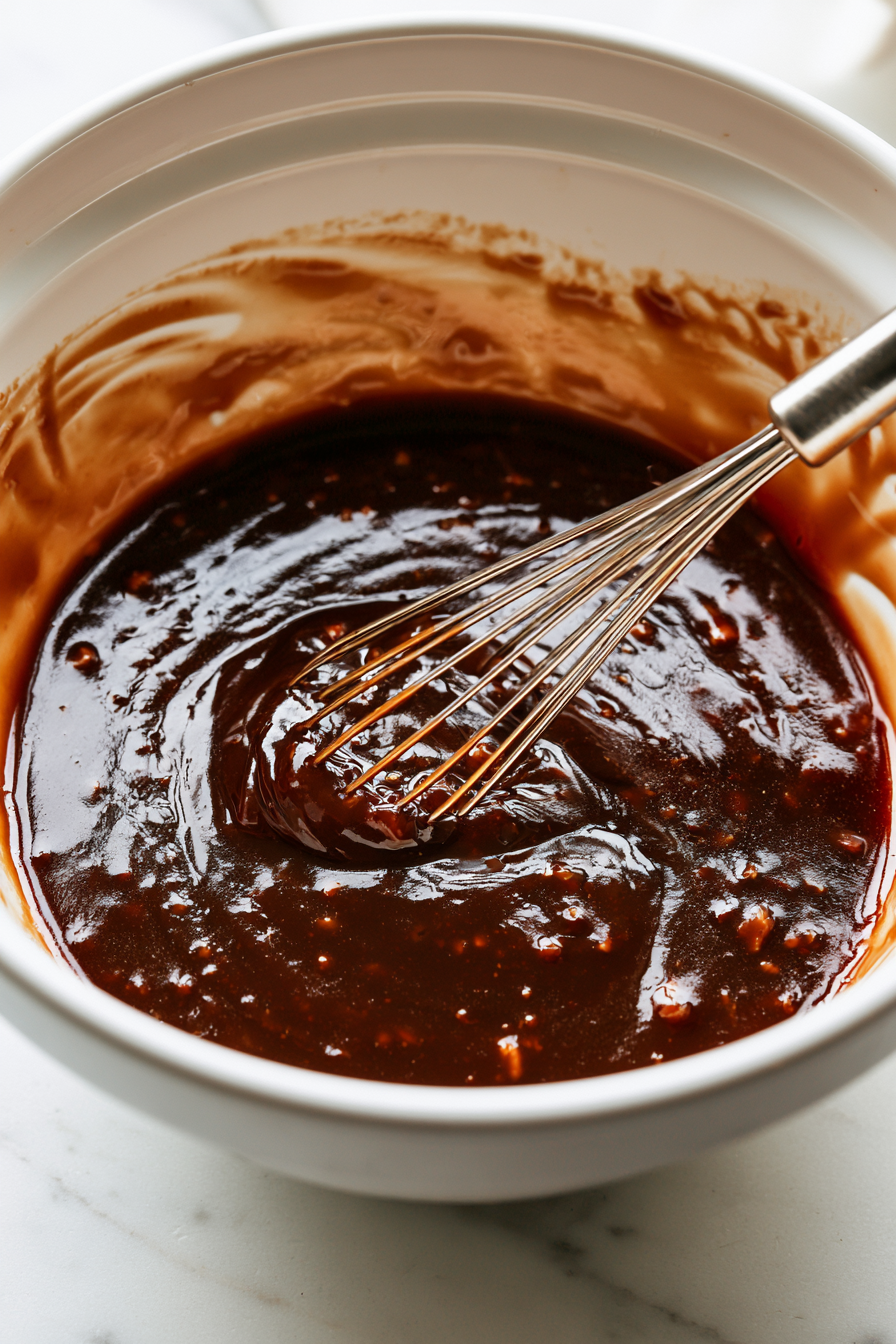 Prepare the sauce by whisking together dark soy sauce, mirin, rice vinegar, maple syrup, vegan mushroom sauce, sesame oil, chili garlic sauce, and mushroom seasoning