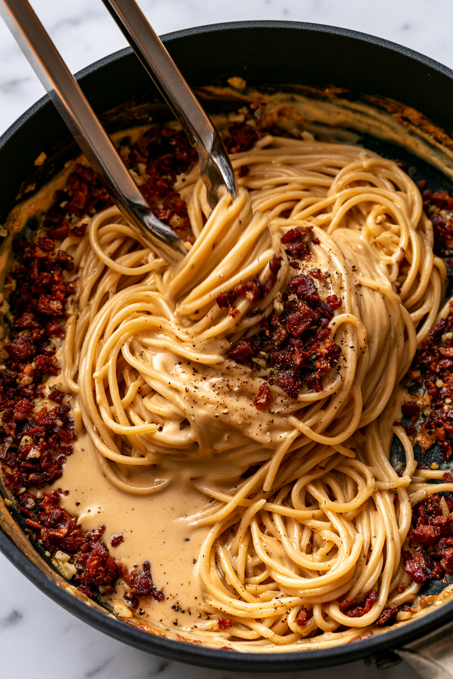 Reduce the heat to low and add the drained spaghetti to the skillet. Pour the creamy cashew sauce over the pasta and toss continuously with tongs until the noodles are evenly coated