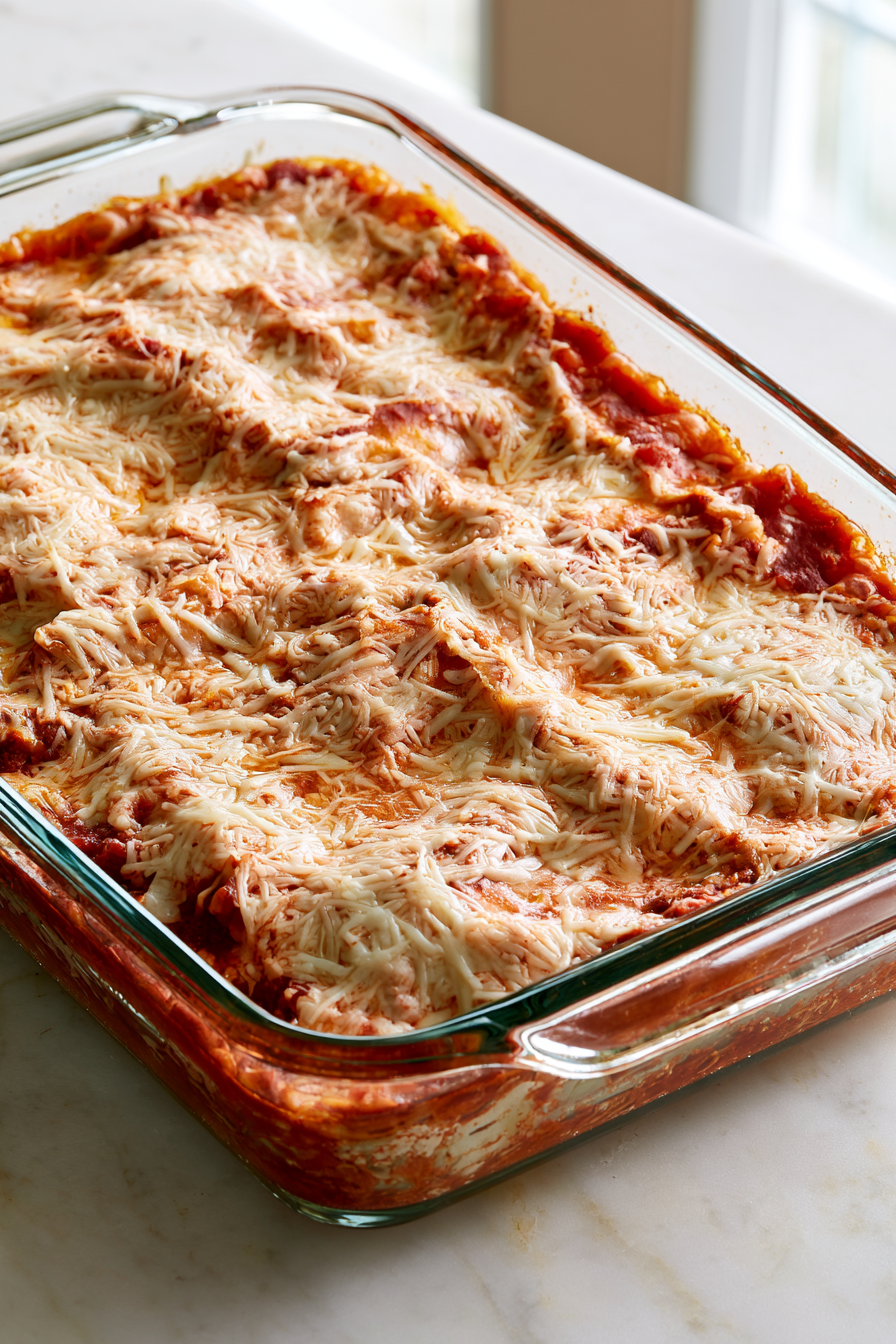 Remove the foil and continue baking for 10–15 minutes, until the sauce is bubbling and the vegan mozzarella is melted