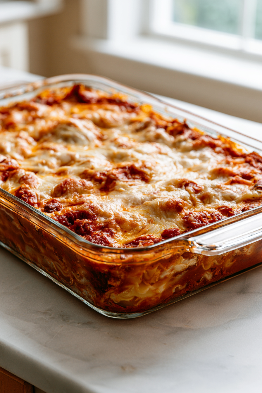 Remove the lasagna from the oven and let it rest for 10–15 minutes before slicing