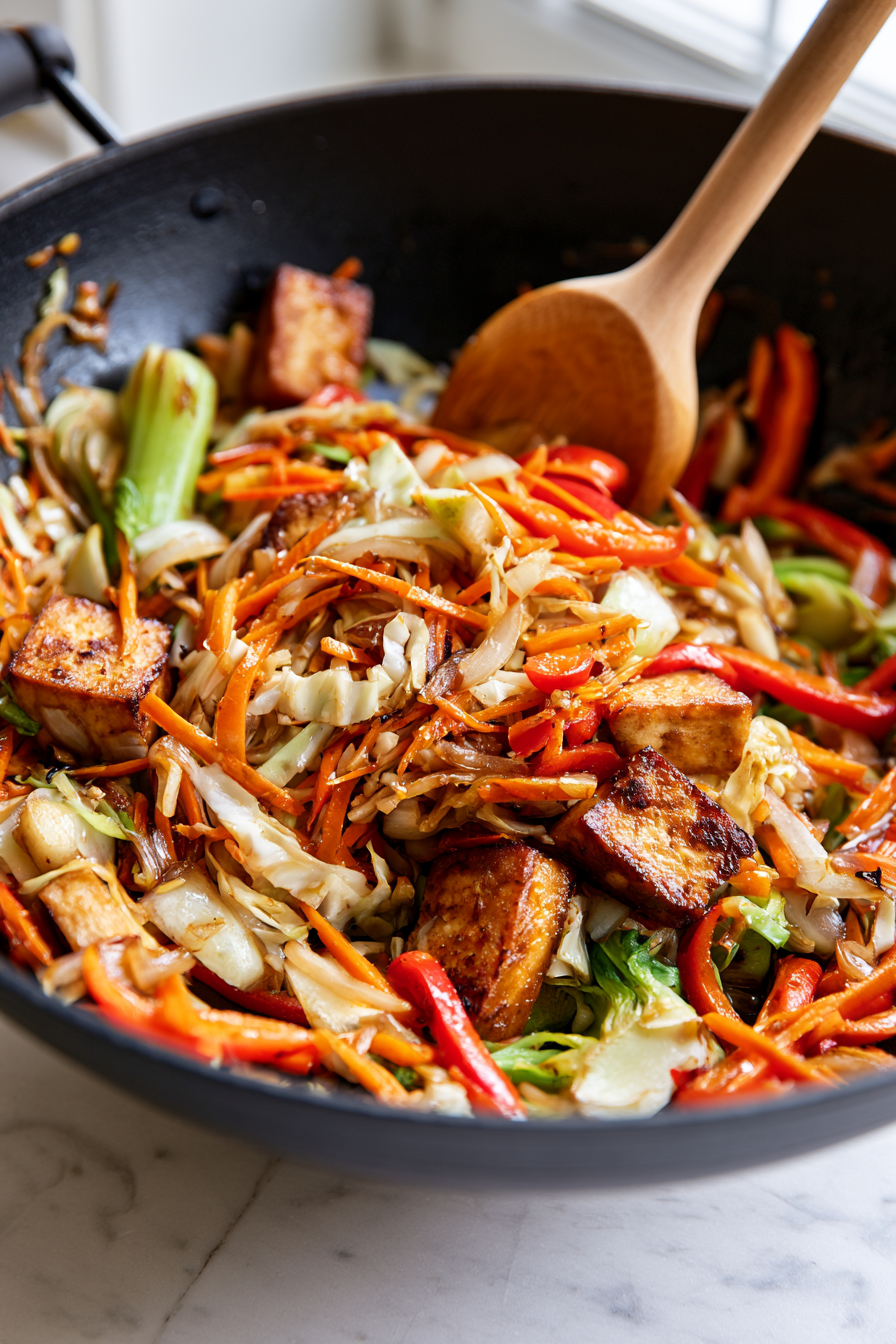 Return the cooked tofu or vegan chicken to the pan along with the bok choy leaves