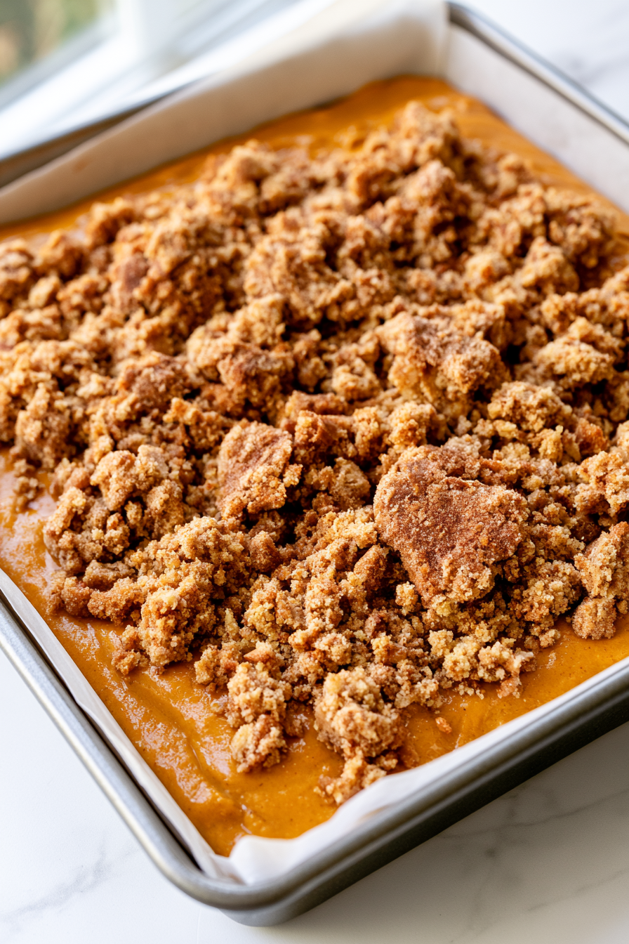 Scatter the crumb topping evenly over the entire surface, gently pressing some of the larger crumbs into the batter so they stay in place while baking