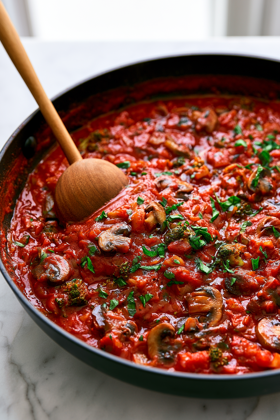 Season the sauce with salt and black pepper. Stir in the fresh basil just before adding the pasta to keep its flavor bright