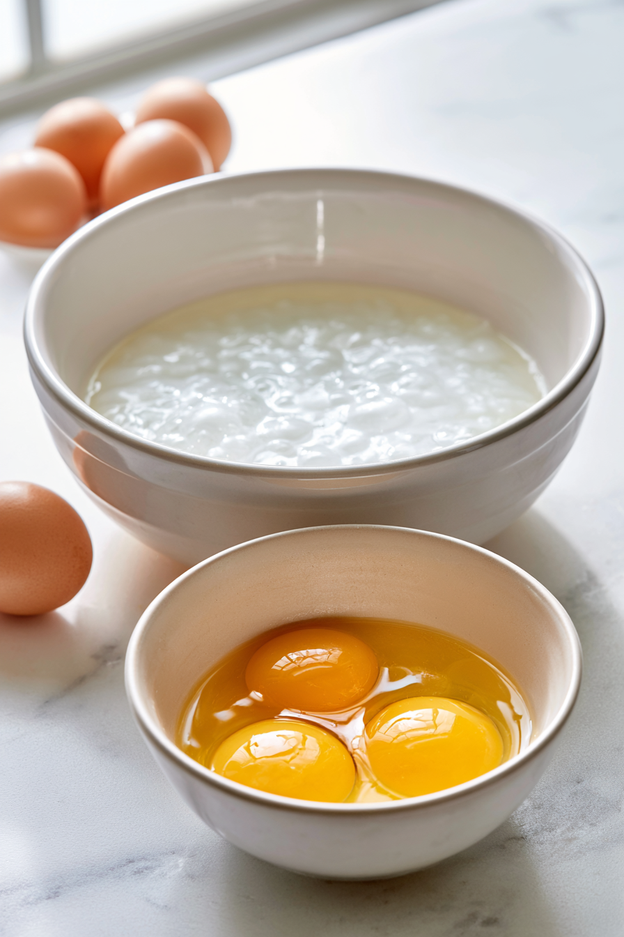 Separate the eggs, placing the whites in a clean bowl. Place the egg whites in the freezer for about 15 minutes while you prepare the yolk batter