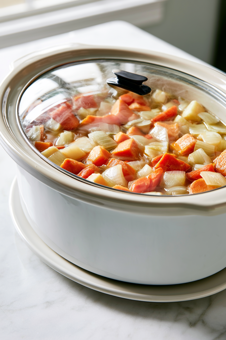 Set the Crockpot to low and cook with the lid on for about 6 hours, until the vegetables are very tender and easily mashable with a spoon