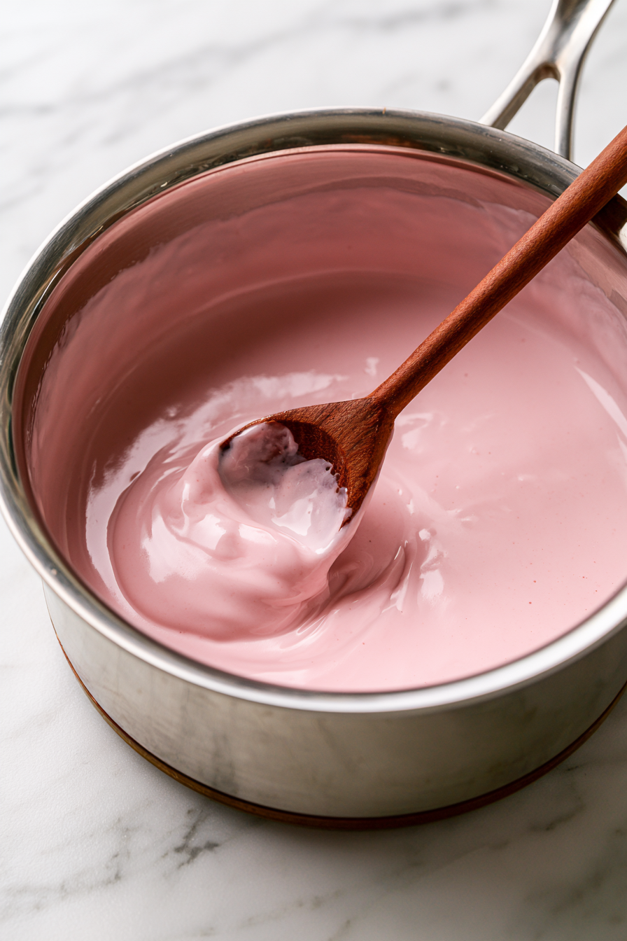 Slowly whisk the warm cream mixture into the egg yolks. Return everything to the saucepan and cook over medium-low heat, stirring constantly
