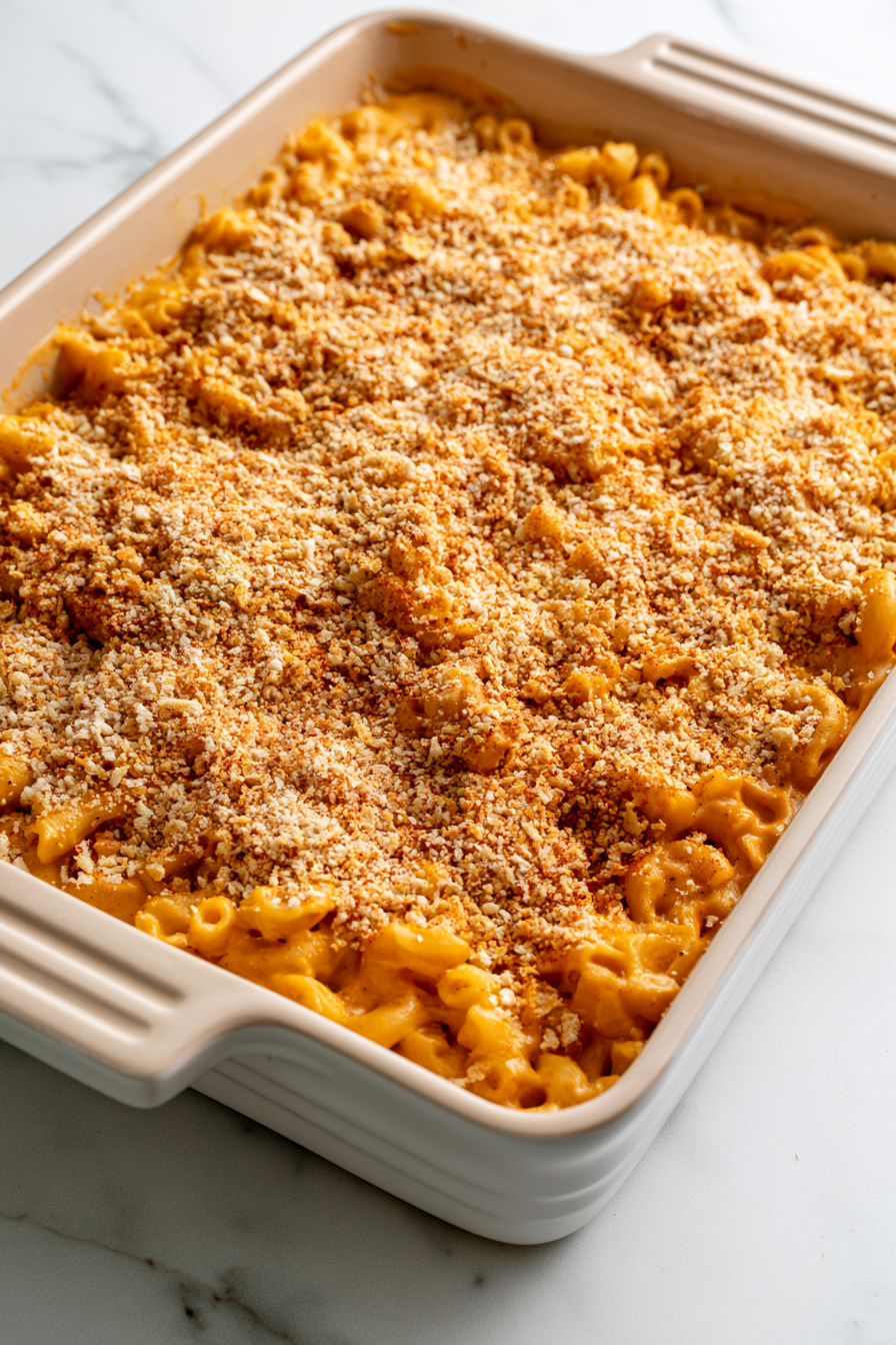 Sprinkle the breadcrumb mixture evenly over the macaroni