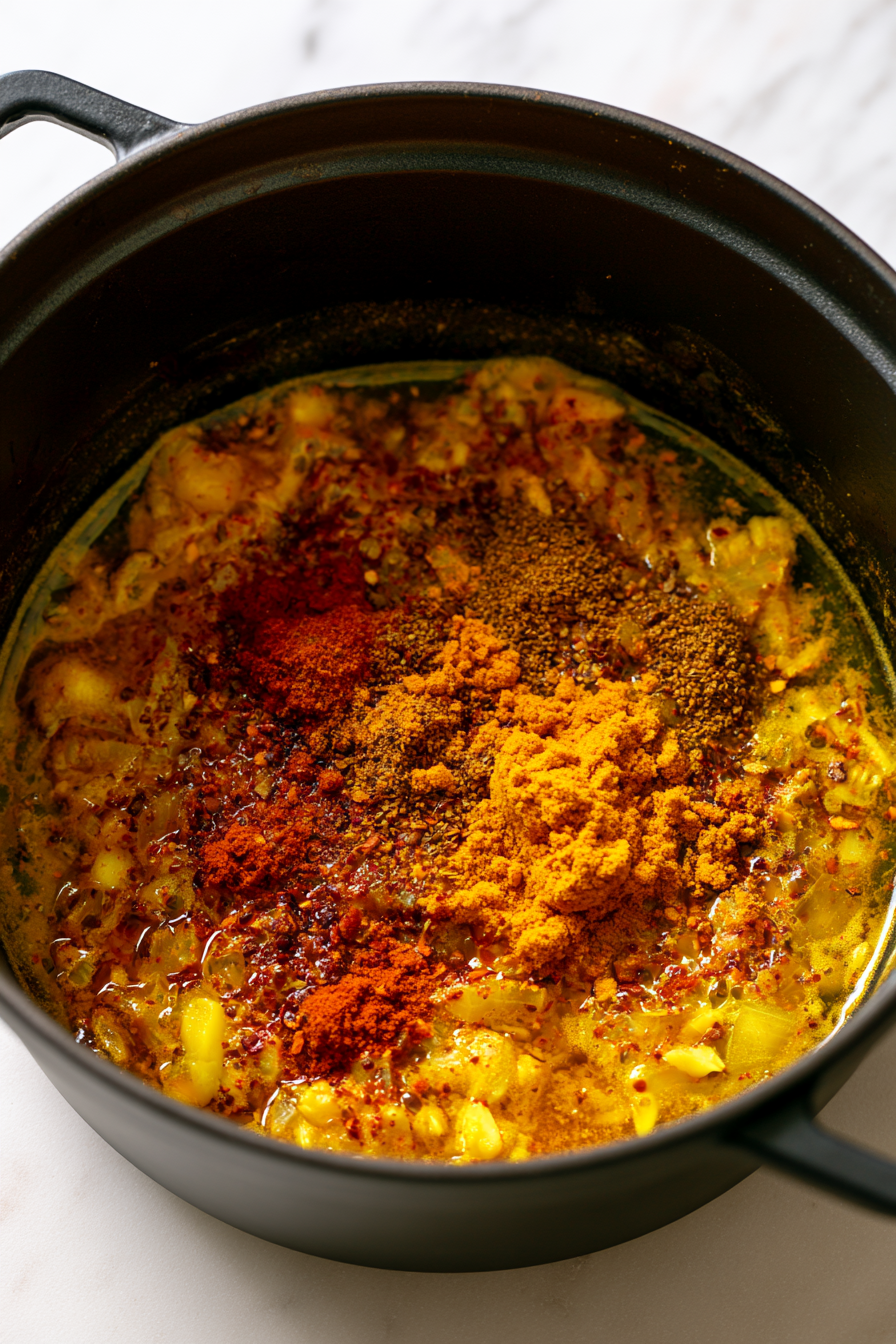 Stir in curry powder, cumin, coriander, smoked paprika, turmeric, and cayenne