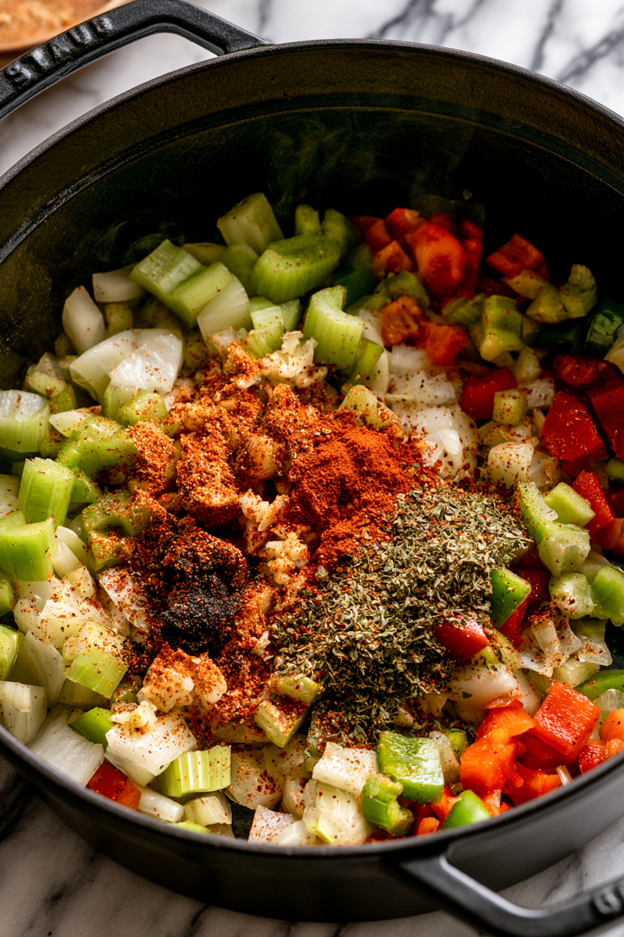 Stir in garlic, Cajun seasoning, smoked paprika, thyme, oregano, and cayenne pepper