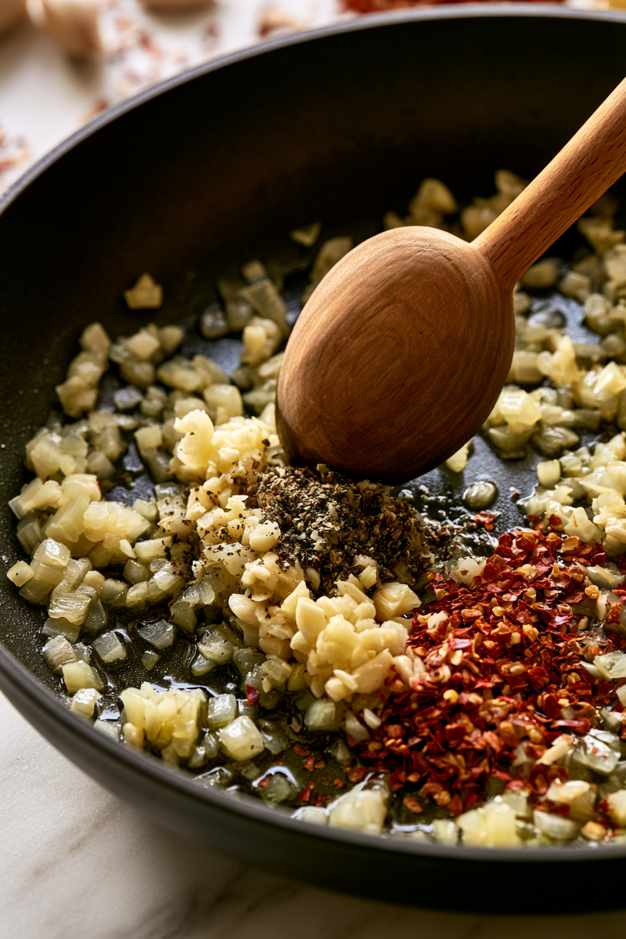 Stir in the garlic, red pepper flakes, and Italian seasoning. Cook for about 30 seconds, stirring constantly so the garlic doesn't burn