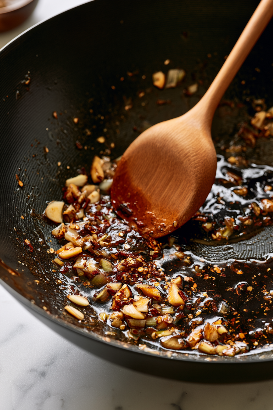 Stir in the soy sauce, dark soy sauce, rice vinegar, maple syrup, vegan oyster sauce, chili garlic sauce, black pepper, and red pepper flakes if using