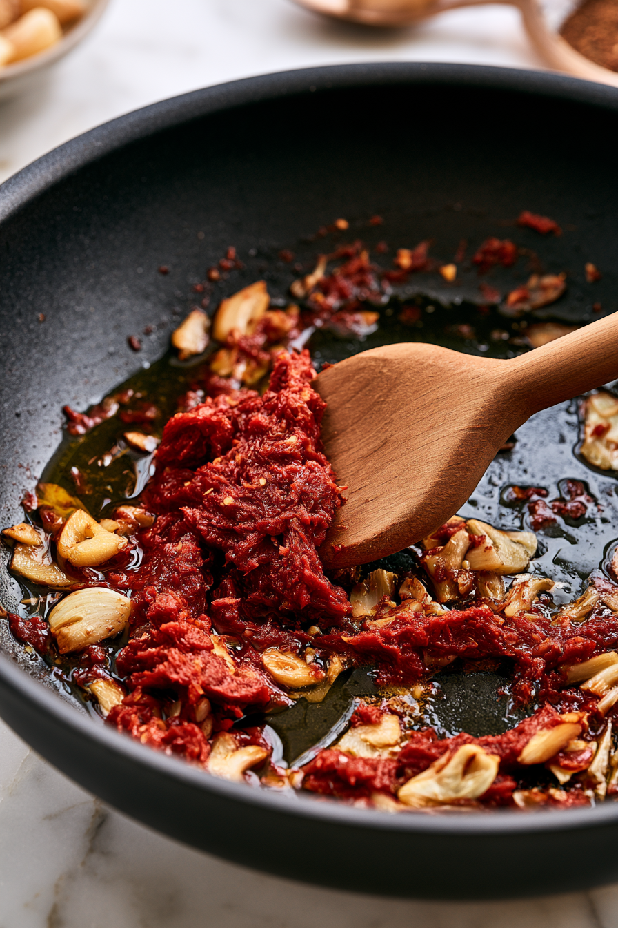 Stir in the tomato paste and cook for about 1 minute, allowing it to deepen in color and develop a richer flavor