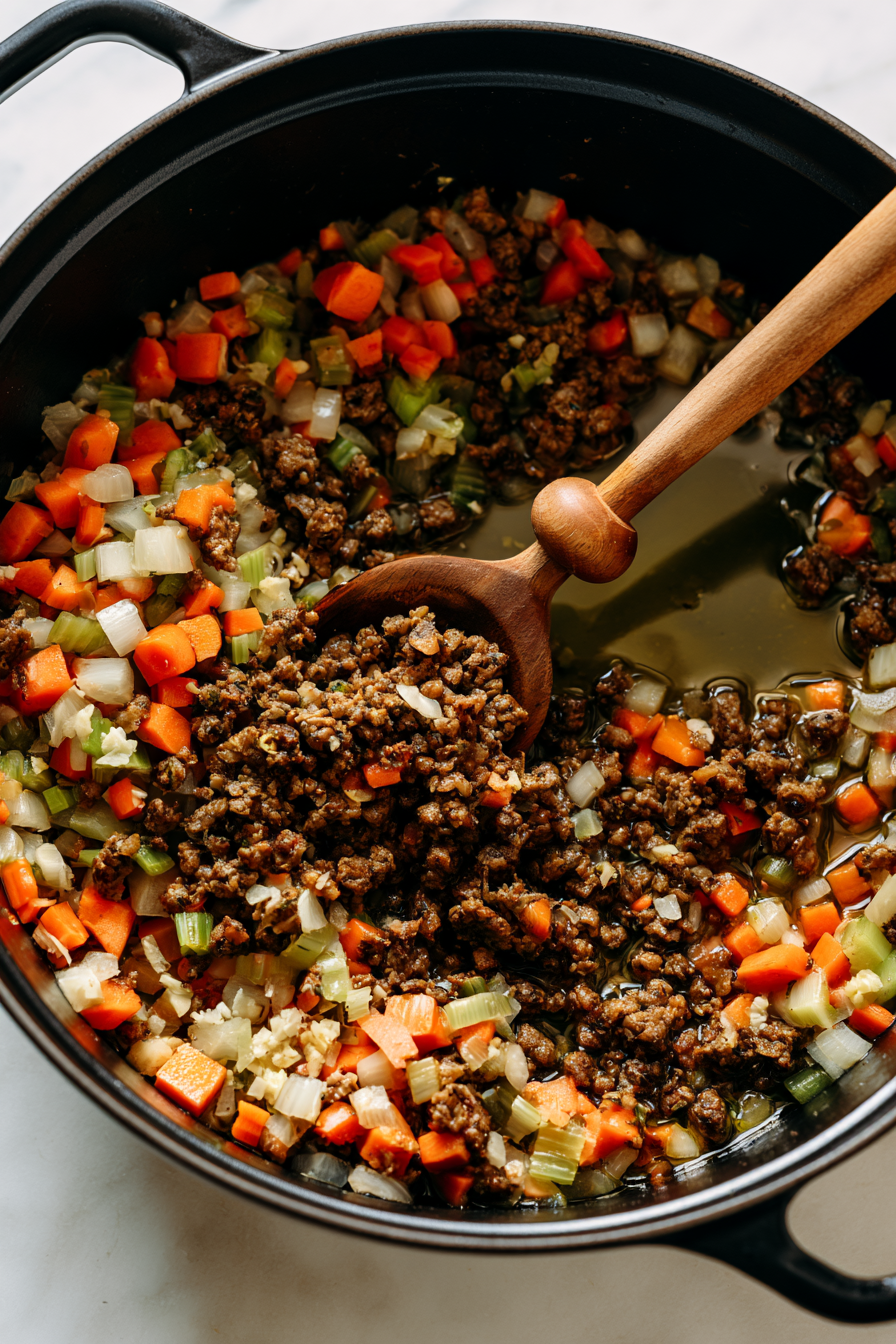 Stir in the vegan ground and cook for 4–5 minutes, breaking it apart with a wooden spoon