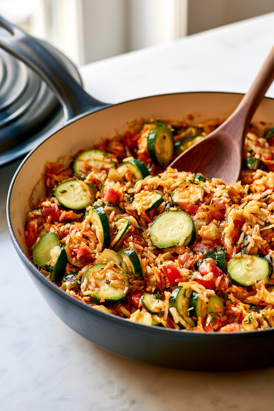 Stir in the zucchini, cover again, and cook for another 5 minutes