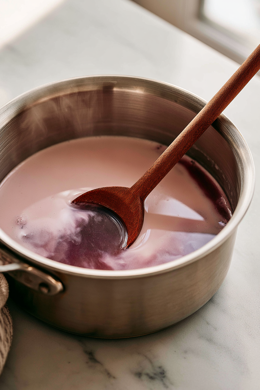 Stir the heavy cream, whole milk, salt, and cherry syrup together in the saucepan. Warm over medium heat until steaming but not boiling