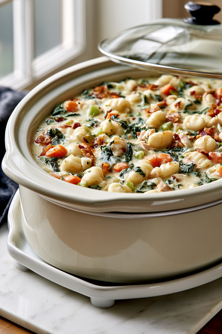 Stir the spinach and crispy bacon into the slow cooker. Taste and adjust the seasoning with additional salt and black pepper if needed