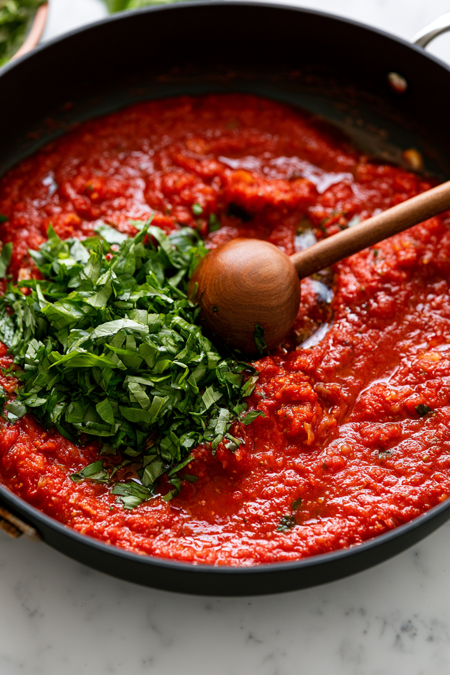Tear or roughly chop half of the fresh basil and stir it into the sauce during the final 2 minutes of cooking
