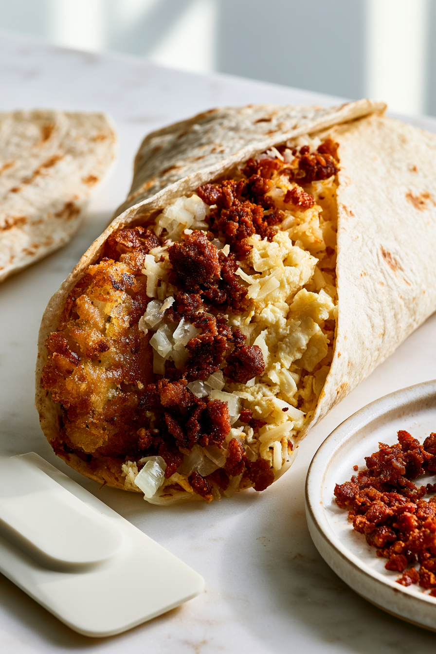 Top each burrito with the cooked chorizo and onion mixture. Keep the filling in a compact strip through the center so the tortillas are easier to roll