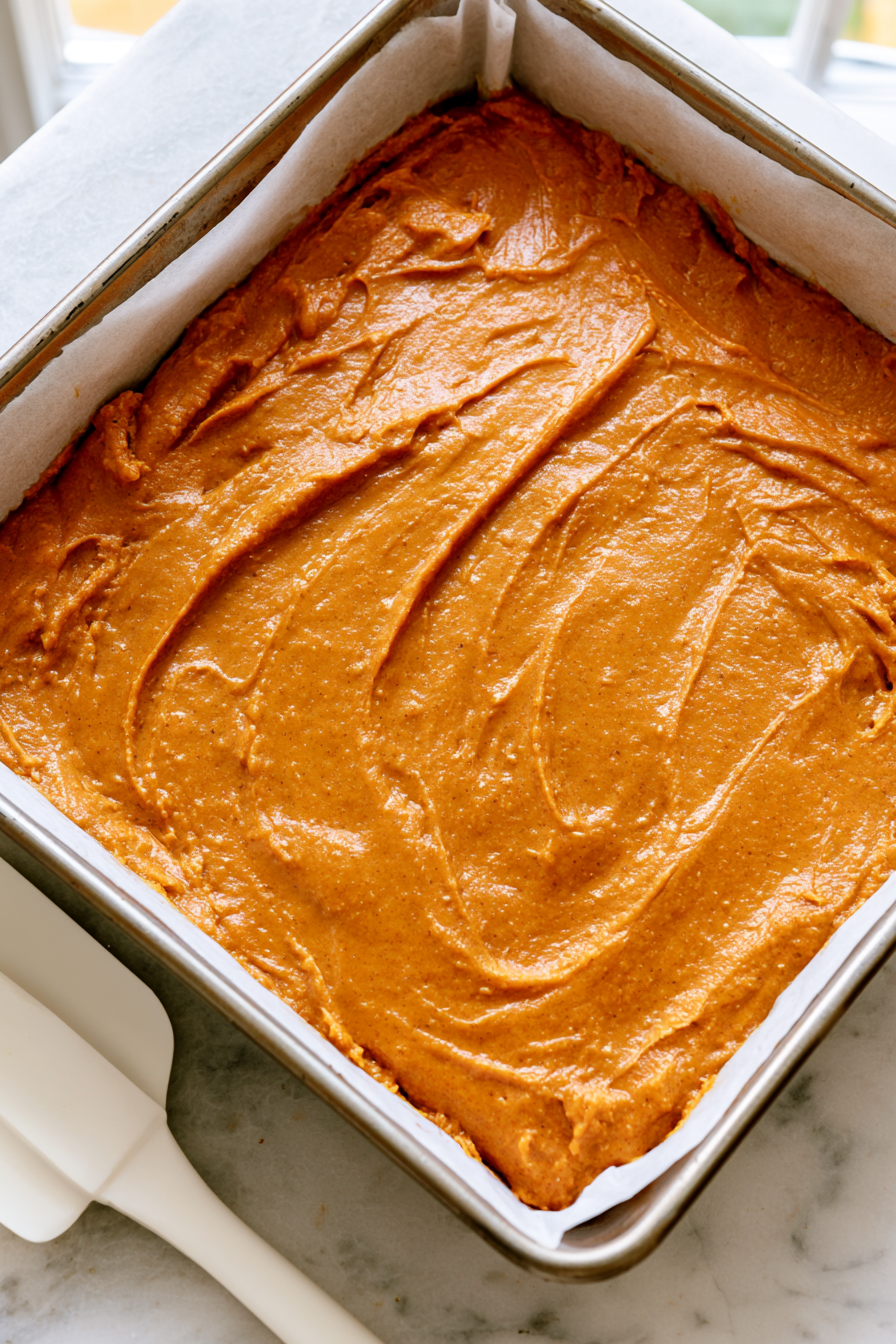 Transfer the batter to the prepared baking pan and spread it into an even layer