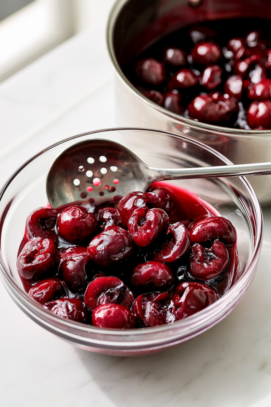 Transfer the cherries to a bowl with a slotted spoon and refrigerate. Let the cherry syrup cool slightly