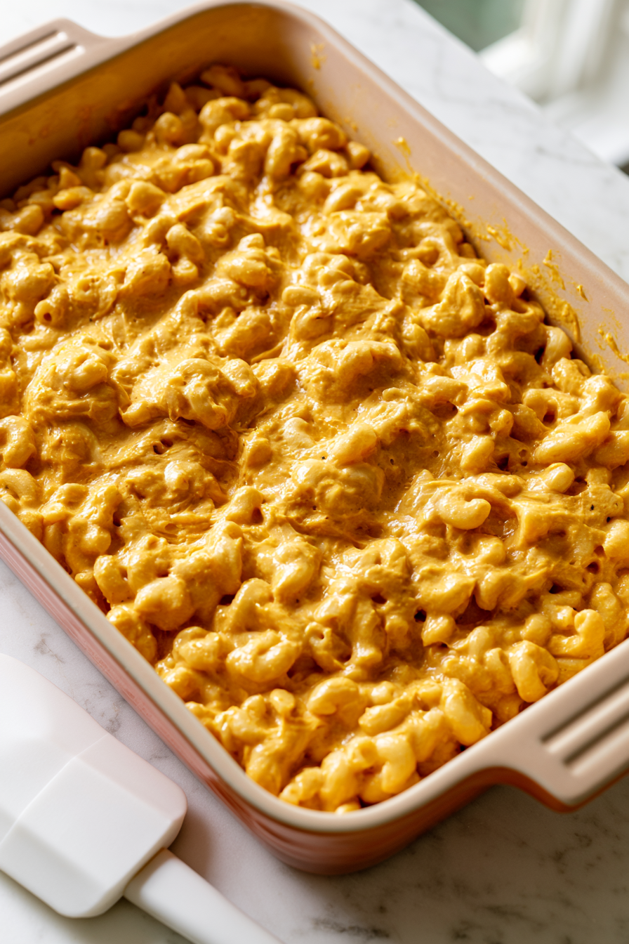 Transfer the creamy macaroni to the prepared baking dish and spread it into an even layer