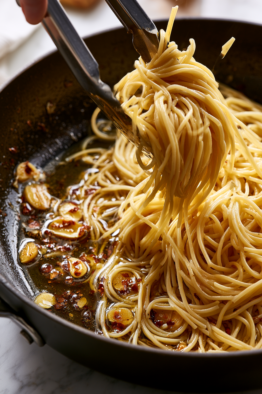 Transfer the drained spaghetti directly into the skillet with the garlic-infused oil