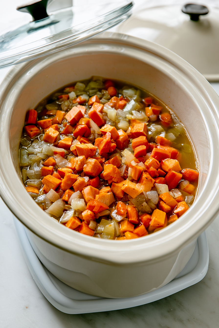 Transfer the sautéed onions to the Crockpot. Add the chopped sweet potatoes and carrots next, then pour in the vegetable broth