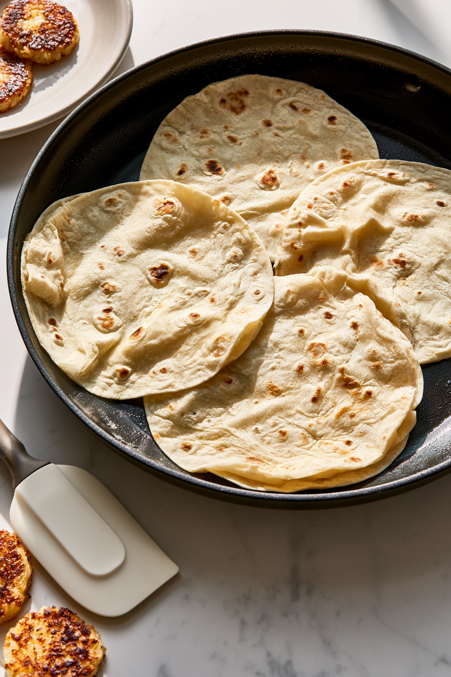 Warm the flour tortillas in a dry skillet or microwave until soft and flexible. If using uncooked tortillas