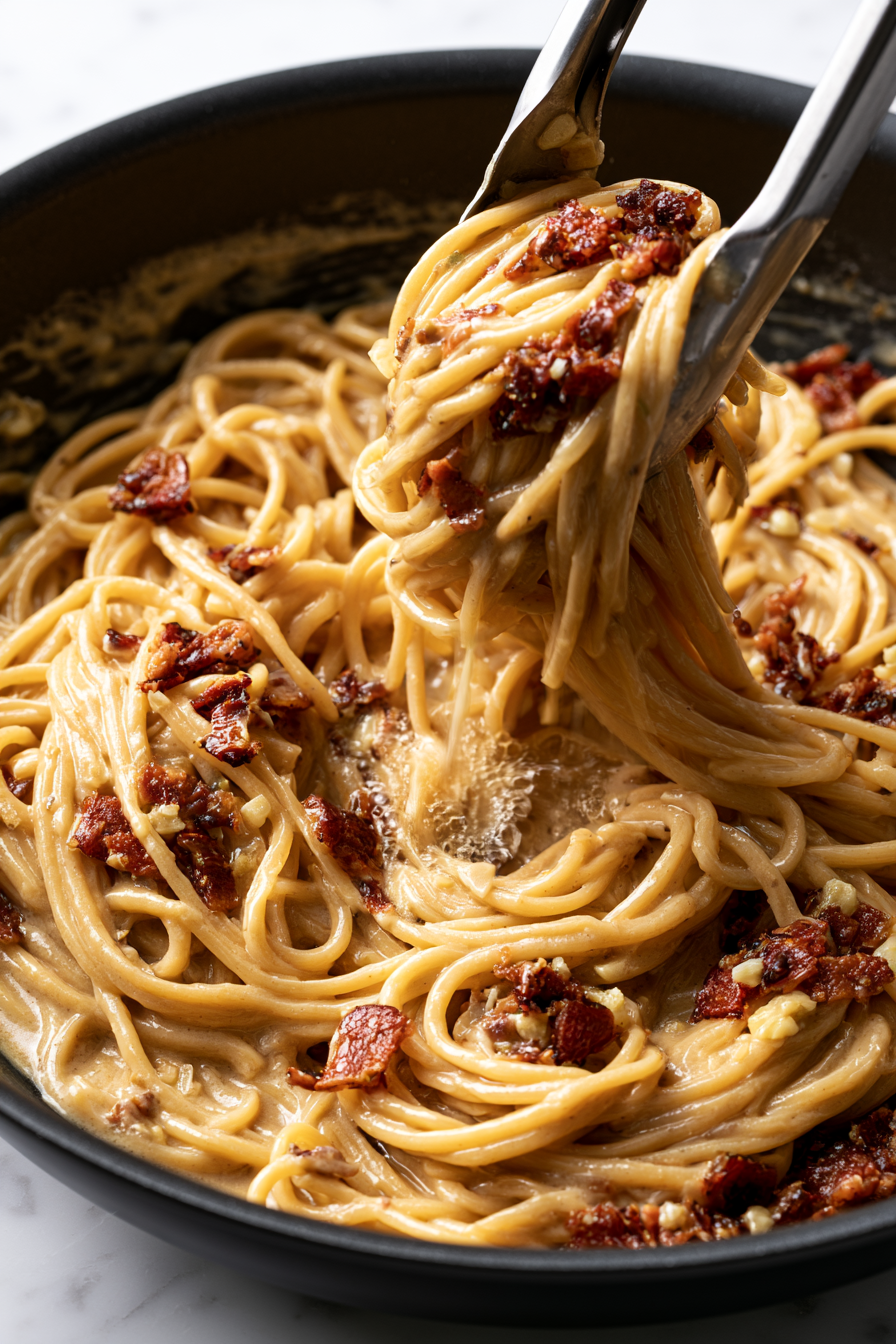 Warm the pasta gently for another 1–2 minutes, but avoid letting the sauce boil. Taste and adjust the seasoning with additional salt, pepper, or nutritional yeast as desired.