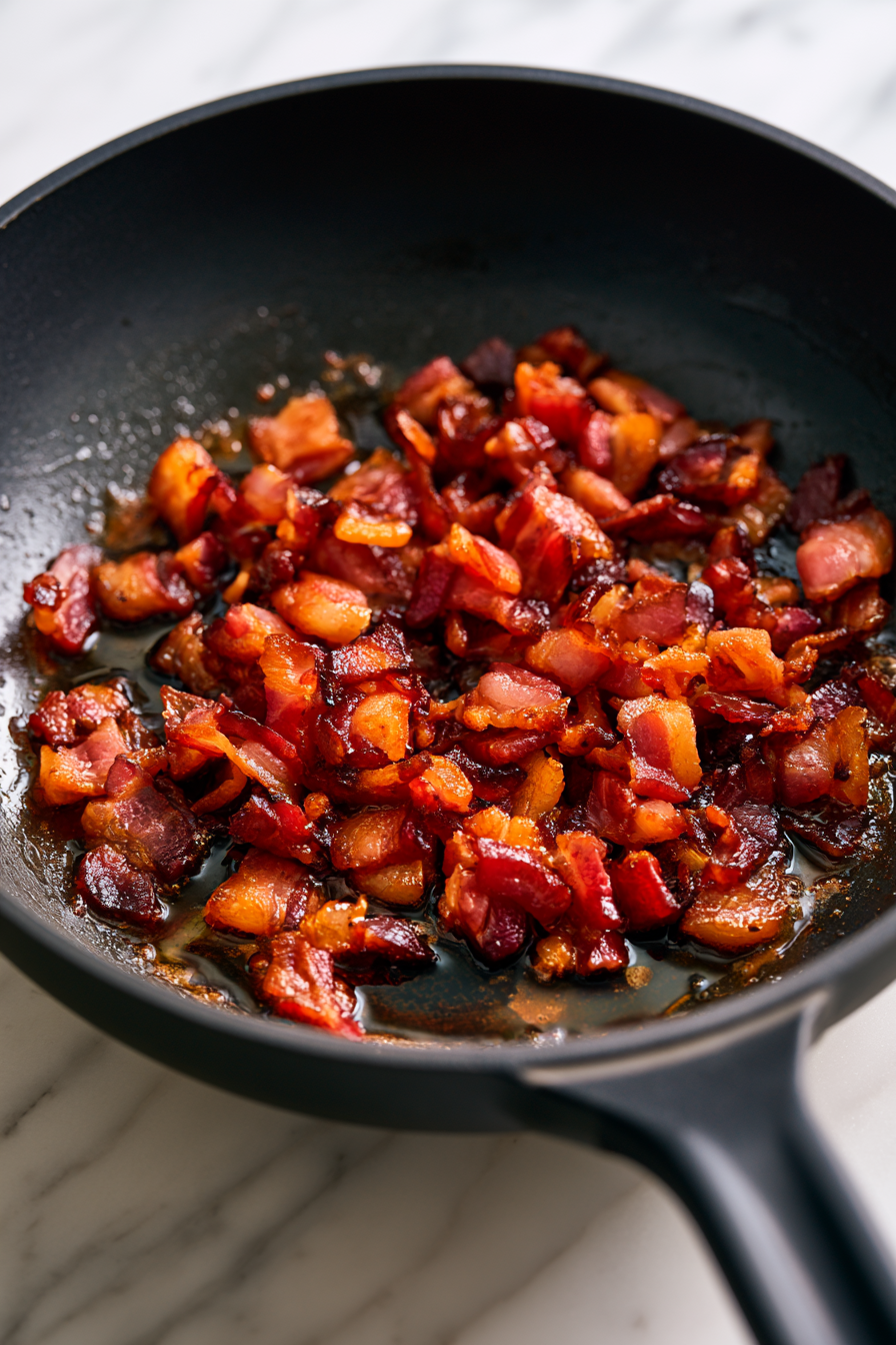 While the gnocchi cook, heat a skillet over medium heat. Add the chopped bacon and cook until crisp