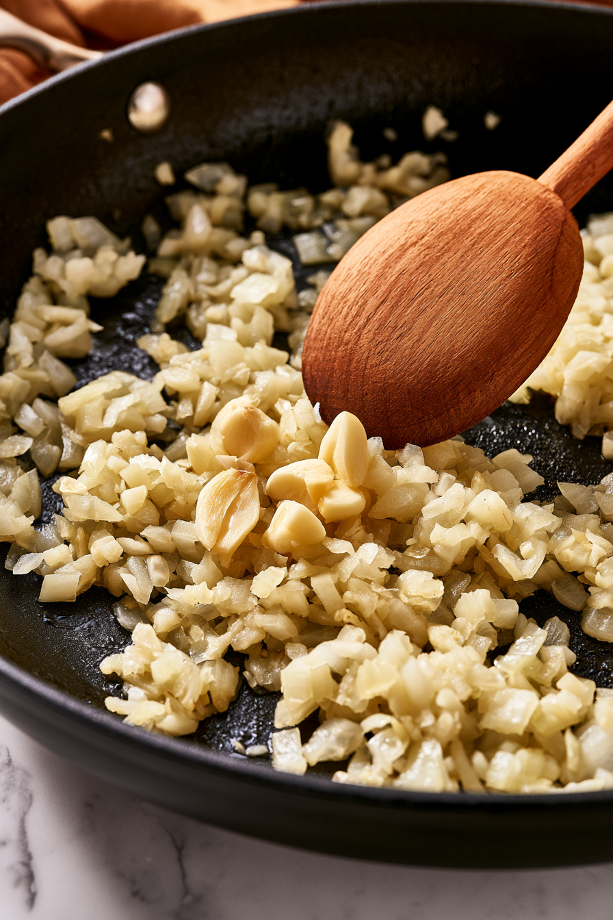 While the noodles cook, heat the olive oil in a large skillet over medium heat. Add the onion and cook for 4–5 minutes, until softened and translucent