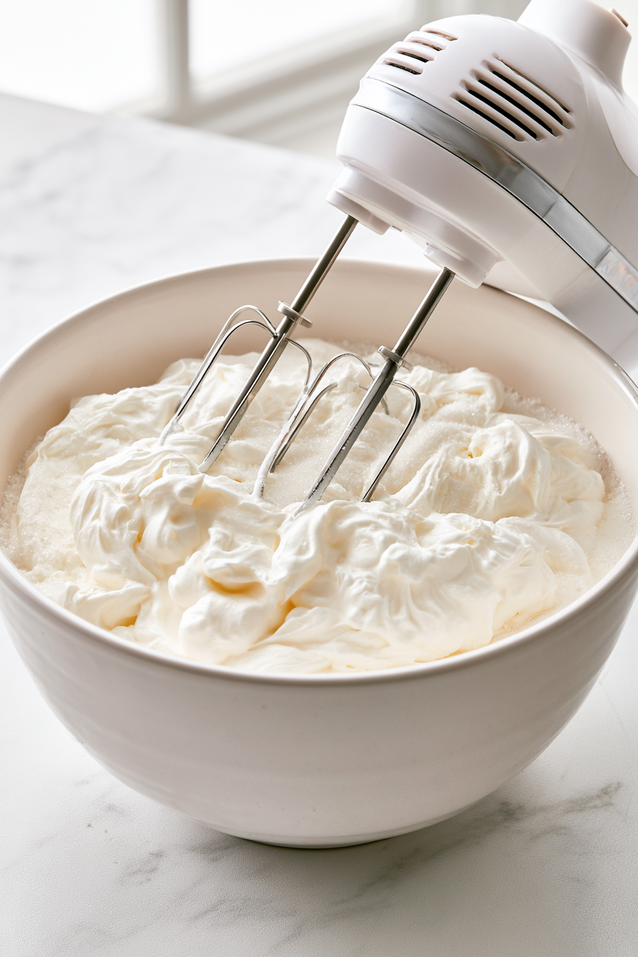 While the pancakes cook, beat the heavy cream and sugar until medium-firm peaks form
