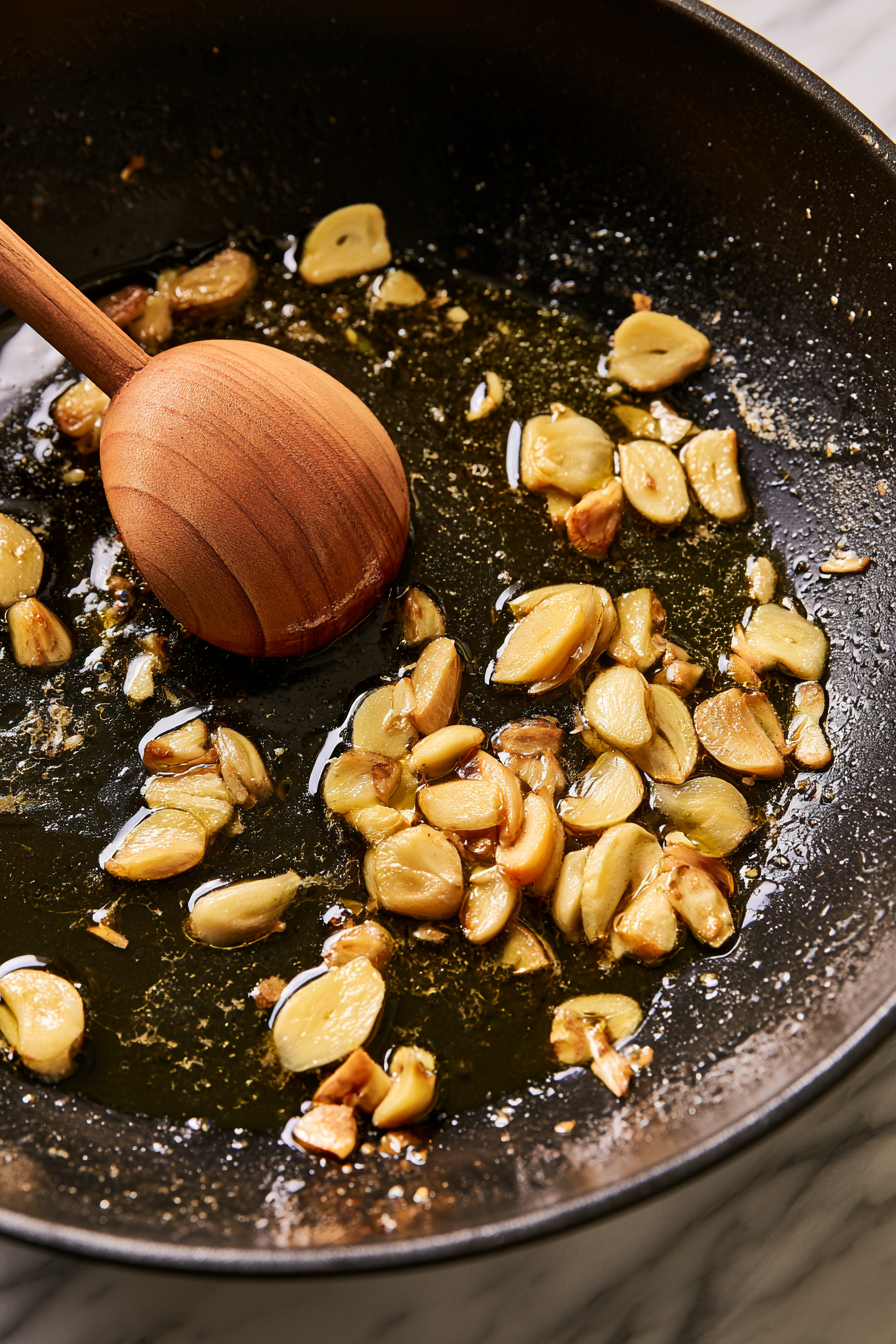 While the pasta cooks, heat the olive oil in a large skillet over medium-low heat. Add the sliced garlic and gently cook for 3–5 minutes