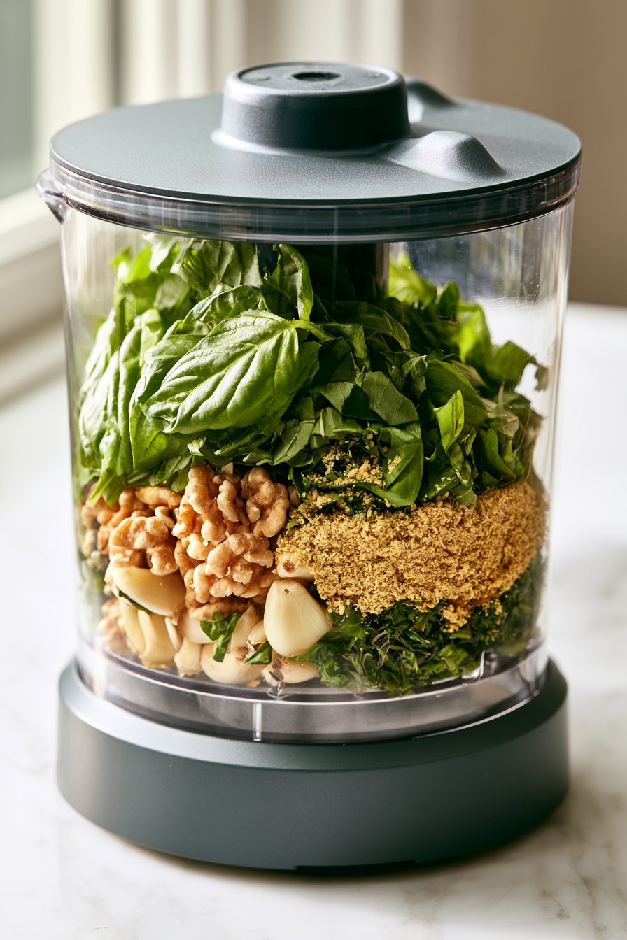 While the pasta cooks, prepare the pesto. Add the basil, walnuts, garlic, nutritional yeast, lemon juice, salt, and black pepper to a food processor