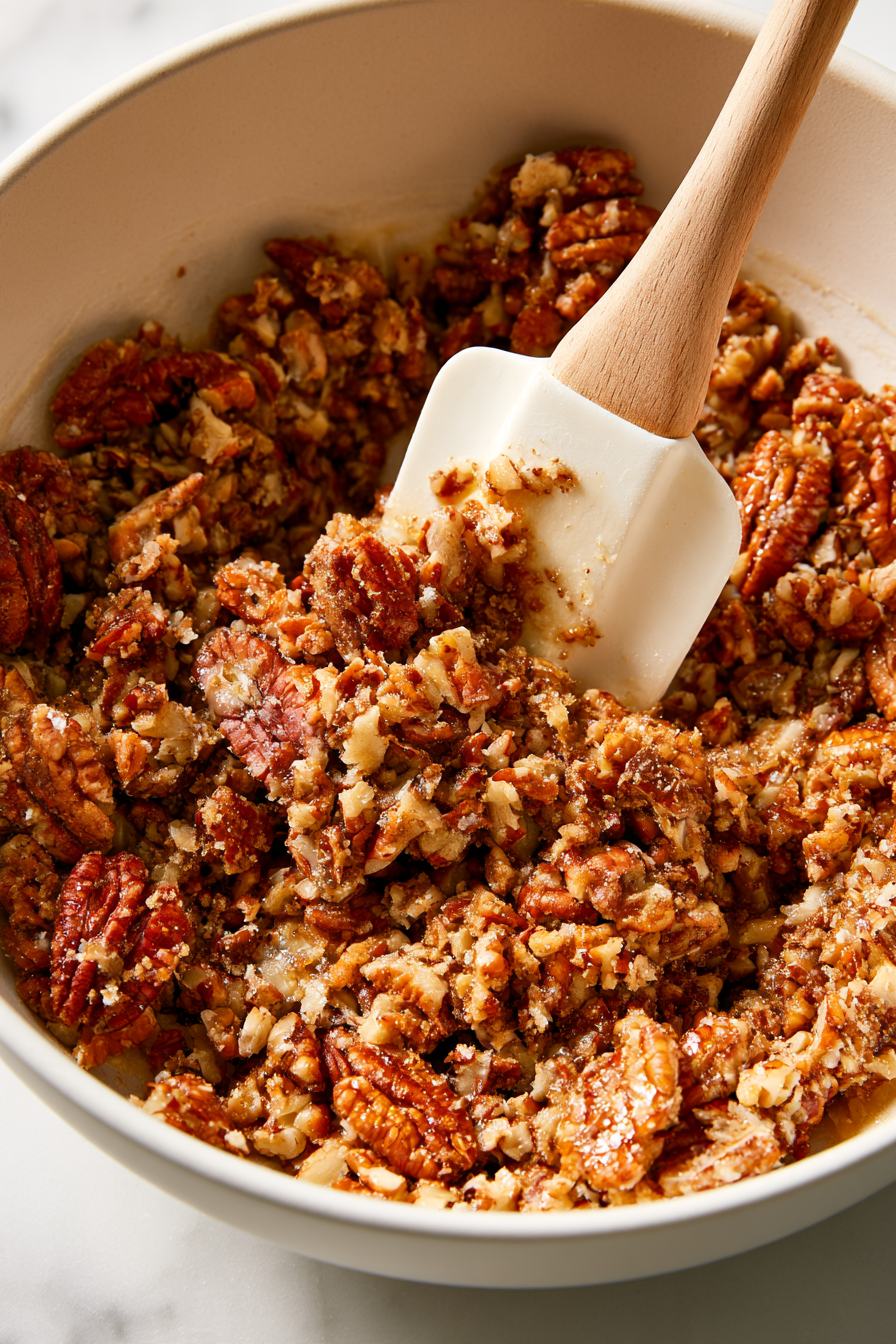Combine the chopped pecans, softened butter, brown sugar, and salt in a bowl. Mix until the pecans are evenly coated and the mixture holds together when pressed