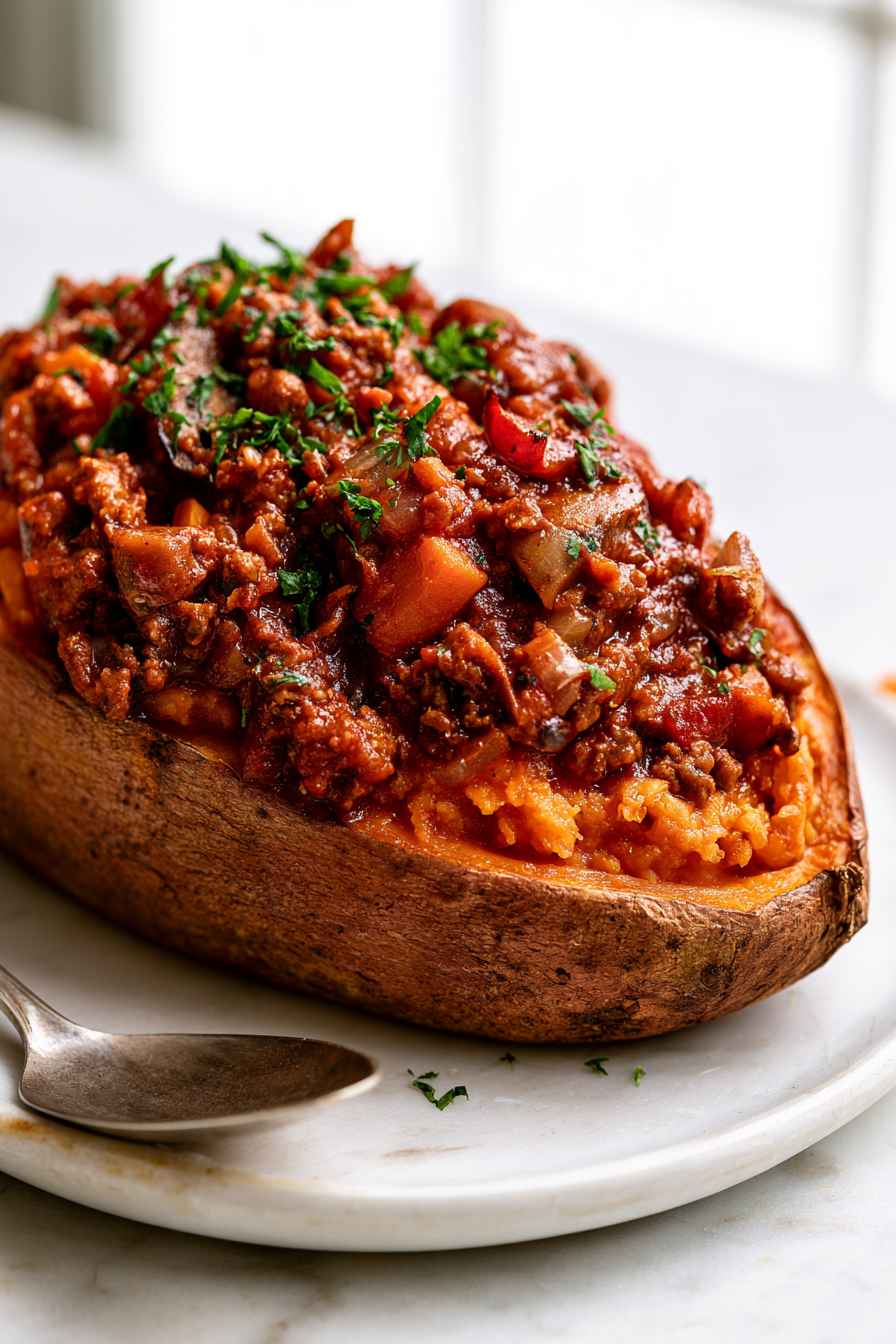 Fluff the inside of each sweet potato with a fork, then spoon about ¾ cup of the Sloppy Joe mixture over each potato