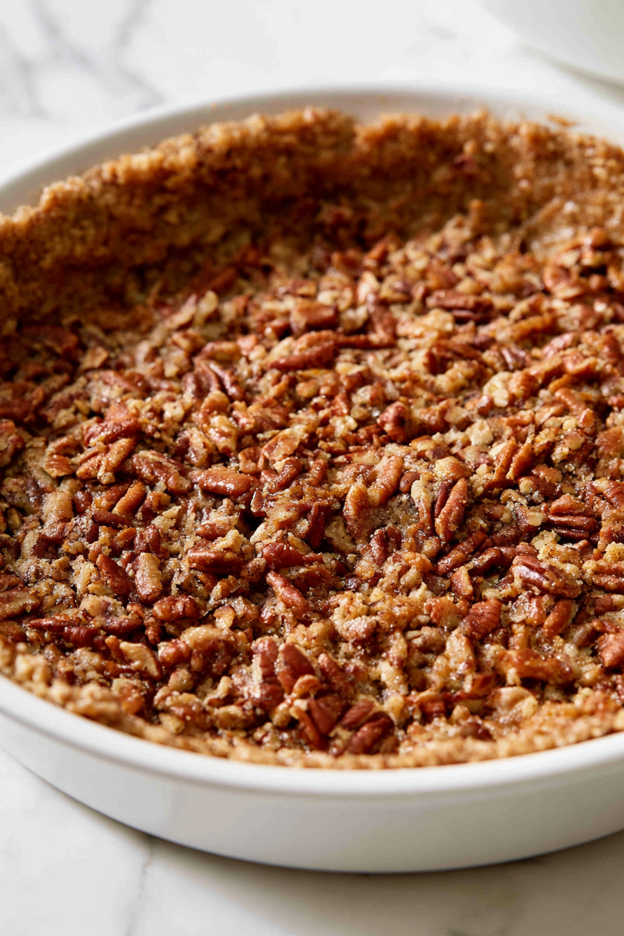 Press the pecan mixture firmly into the bottom and up the sides of the pie plate to form an even crust