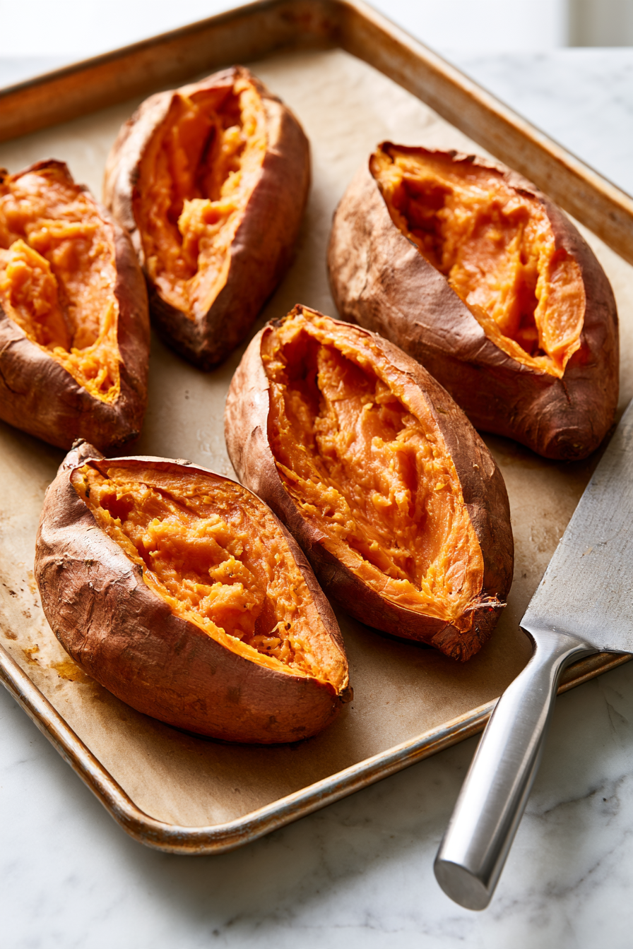 Remove the sweet potatoes from the oven and let them cool for 2–3 minutes