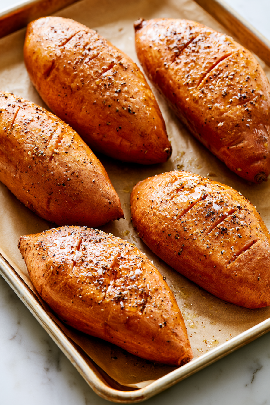 Scrub the sweet potatoes and pat them dry. Pierce each potato several times with a fork, then rub lightly with olive oil, salt, and pepper