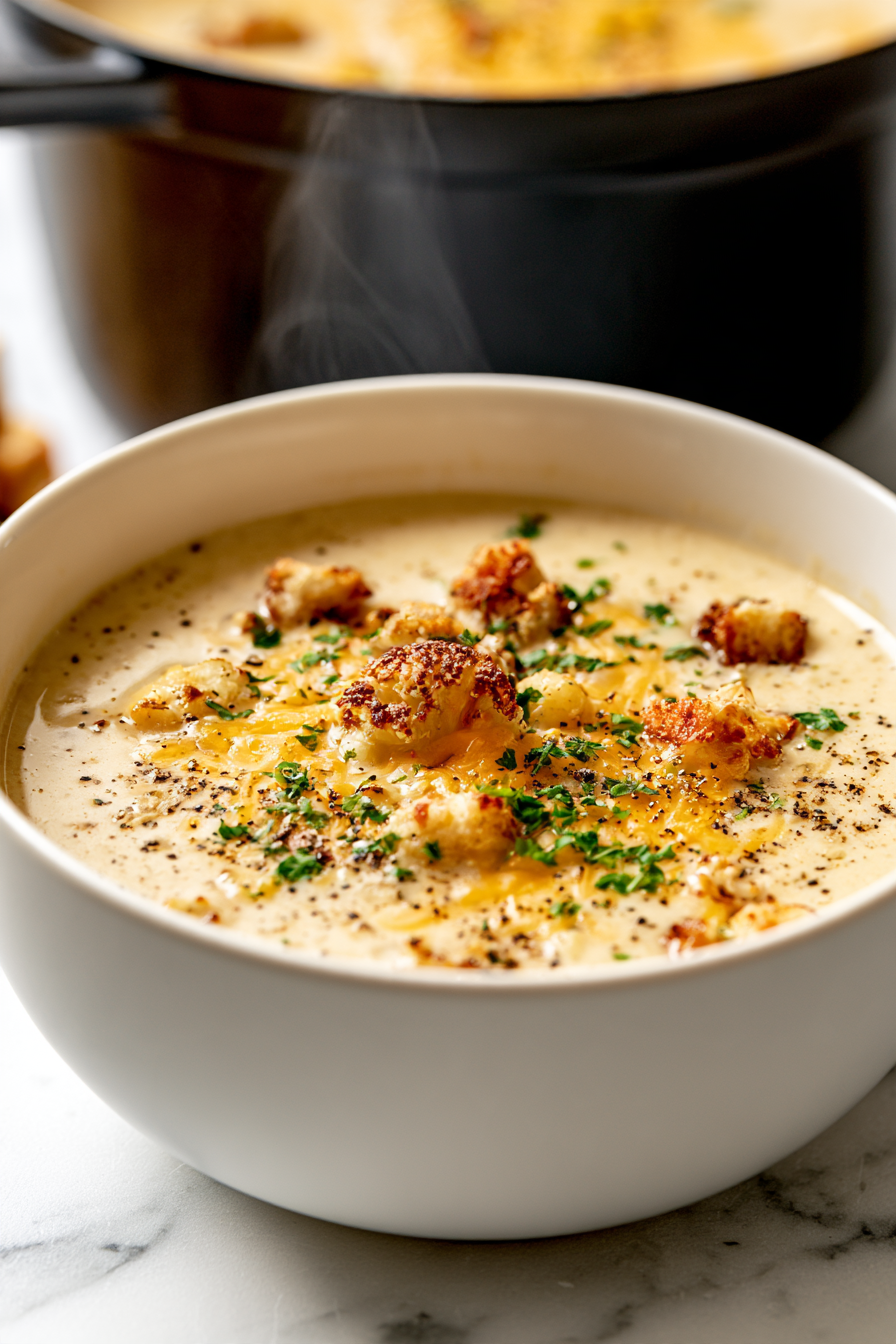 Roasted Garlic Cheddar Cauliflower Soup