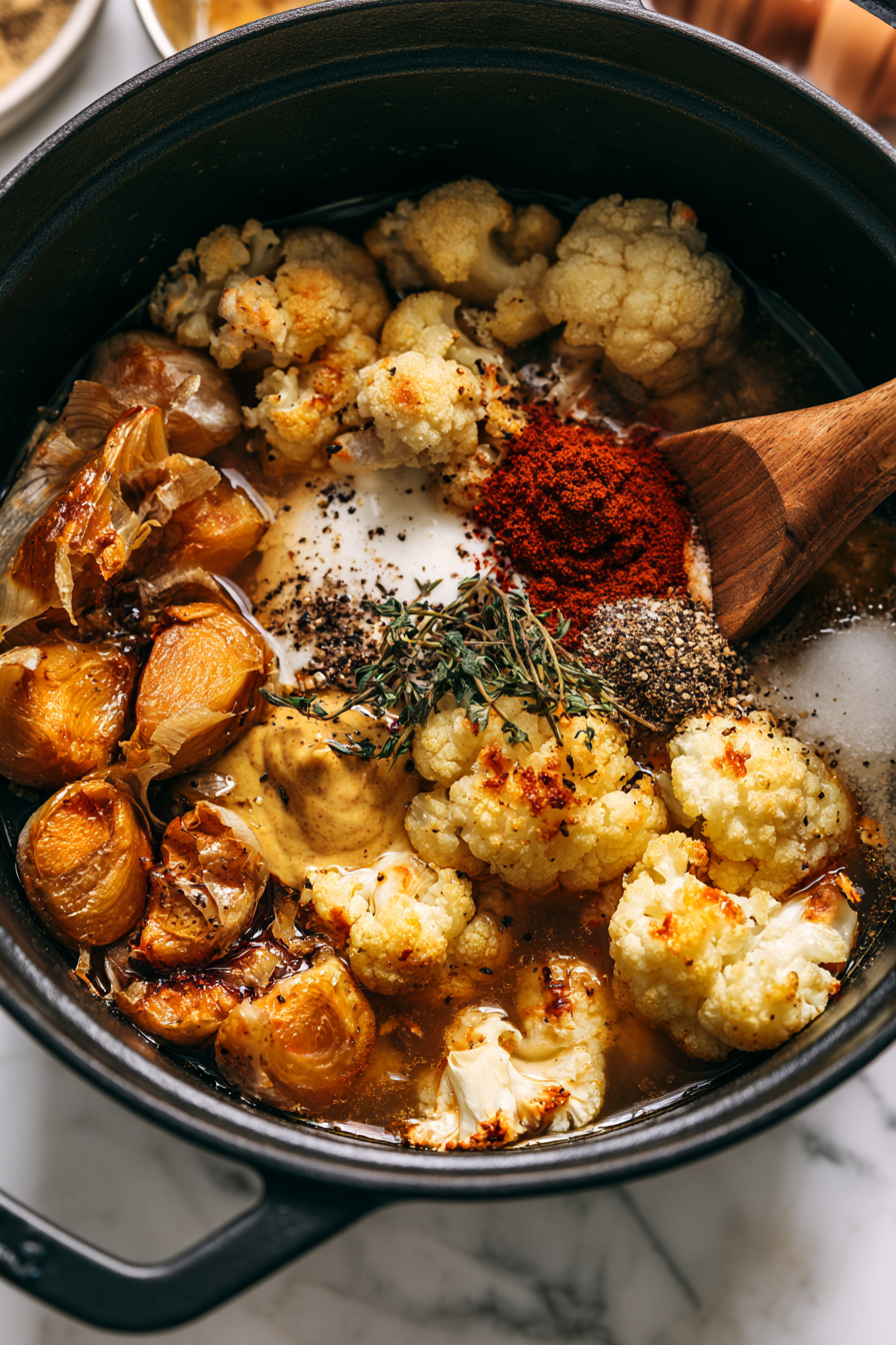 Squeeze the roasted garlic cloves from their skins into the pot. Add the roasted cauliflower, vegetable broth, milk, Dijon mustard, smoked paprika, thyme, salt, and black pepper